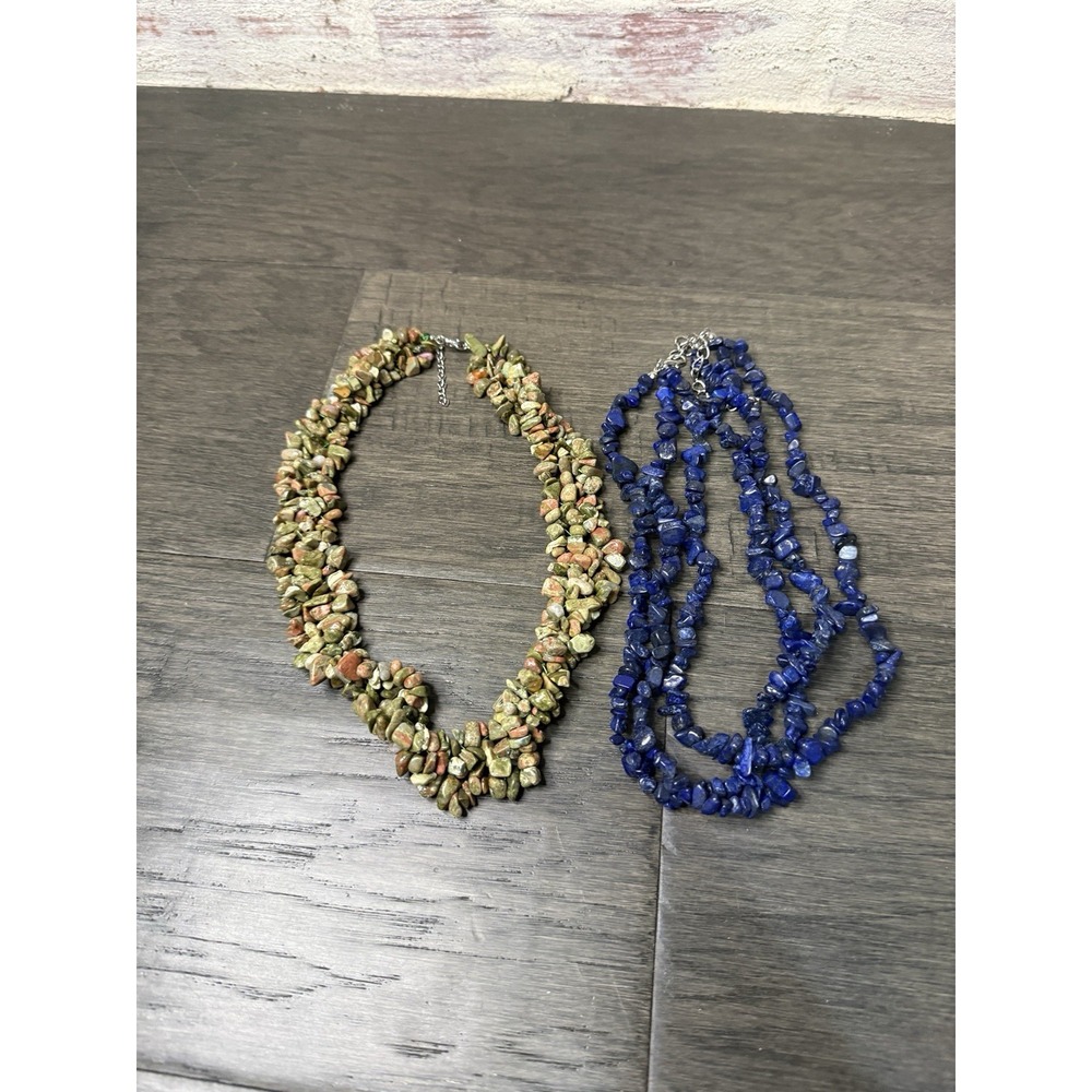 Unakite & Lapis Lazuli Semi-Precious Stones Chip‎ Necklaces Set Of Two